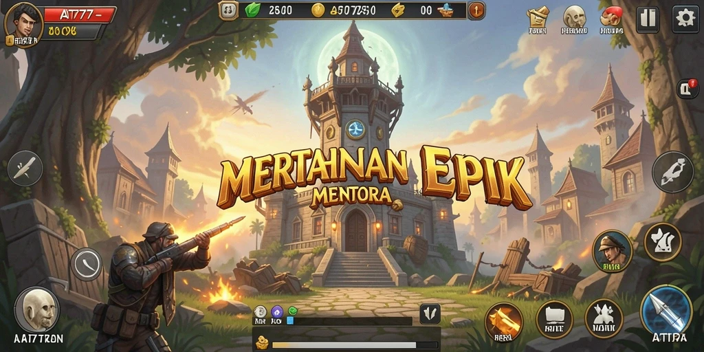 Screenshot utama AT777 menampilkan pertempuran strategis Tower Defense yang intens.