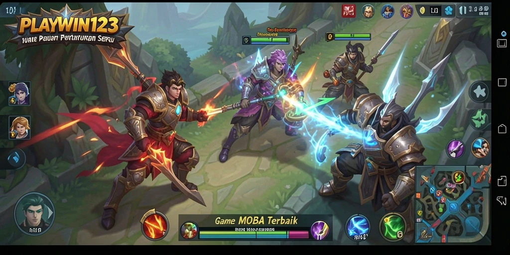 Tangkapan layar utama PLAYWIN123 menunjukkan aksi epik dalam pertarungan MOBA.