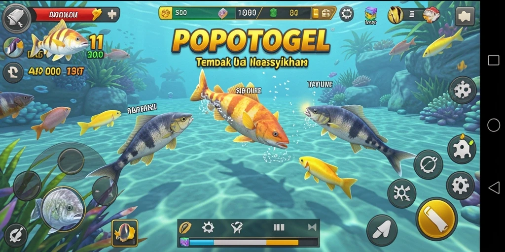 Tampilan gameplay seru dalam <strong>POPOTOGEL</strong> saat menembak ikan berwarna-warni.