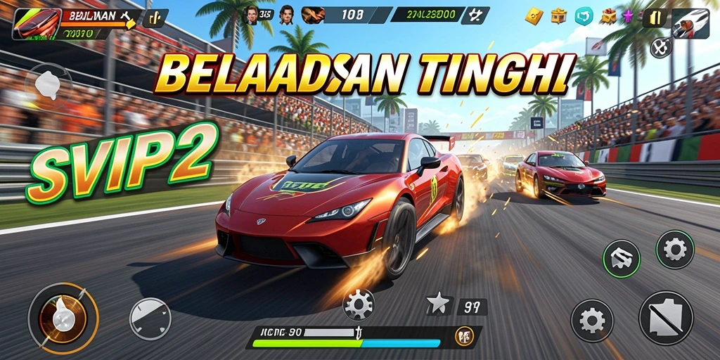 Screenshot gameplay SVIP2 dengan mobil balap beraksi di trek.
